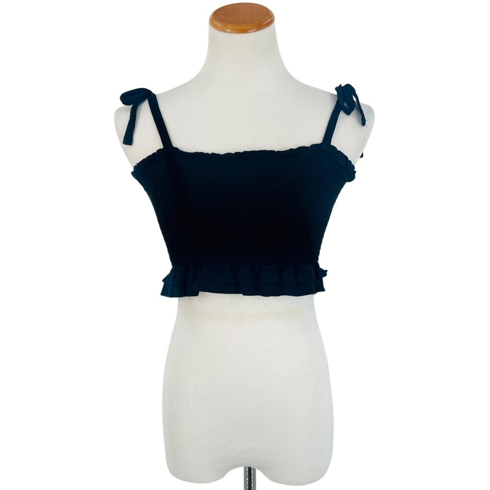 Garage Black Smocked Tie Straps & Ruffled Hem Crop Top - Picture 2 of 14